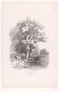 Jægere med hunde langs en grøft i en skov Landskabstegningskursus (serietitel) Cours de Paysage (serietitel på objekt) af Louis Julien Jacottet