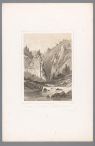 Udsigt til en bro over en klippekløft i Telemark Le Wrangefos dans le Tellemark / Wrangefòs i Tellemarken (titel på objekt) Faces in Scandinavia (serietitel) Vues du Nord. Norvege (serietitel)