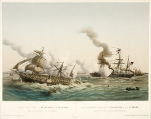Combat Naval entre le Kearsage & l?Alabama,pub. 1864 (farvelitografi) af Louis Le Breton