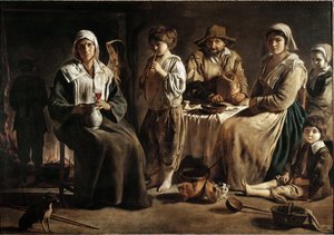 En familie af bønder i et interiør - olie på lærred