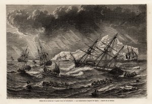 Torskefiskeriet på Grand Bank of Newfoundland følger bådene linjerne, tegnet af Lebreton, for at illustrere rejsen til Newfoundland i 1860 af A. de Gobineau. Indgravering i "" Le tour du monde"", redigeret af Edouard Charton