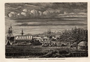 Tilberedning af torsk ved bugten Cap Rouge, rensning af fisk og indsamling af lever for at udvinde olie fra strejken, derefter saltning i kabinen på pæle, tegnet af Lebreton, for at illustrere rejsen til Newfoundland i 1860 af A. de Gobineau. Indgravering 