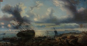 Korvetternes stranding i Mauvais-kanalen, Torresstrædet 1843 (olie på lærred) af Louis Lebreton