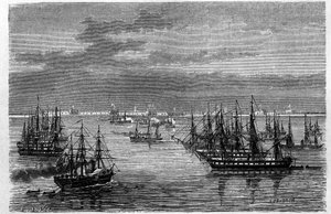 Udsigt over den franske Anglo-eskadron i mundingen af Hai He-floden i Bohaihavet i Tanggu, Kina. Gravering af Lebreton, i "" Le Tour du Monde, Nouveau journal des Voyages"", redigeret af Edouard Charton, Paris