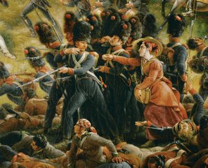 En lejrtilhænger serverer drikkevarer til soldater under slaget ved Chiclana (olie på lærred) af Louis Lejeune