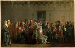 En forsamling af kunstnere i Isabeys atelier ... af Louis Leopold Boilly