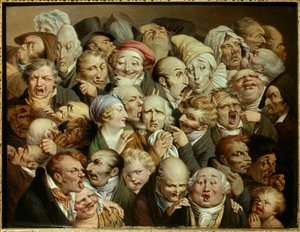 Karikatur: række latterlige udtryk "" genforening af 35 udtrykshoveder"" Maleri af Louis Leopold Boilly (1761-1845) ca. 1825 Olie på træ Dim. 0,19x0,25 m Tourcoing, musee des Beaux Arts - Genforening af 35 ansigtsudtryk. Tegneserie: undersøgelser af r