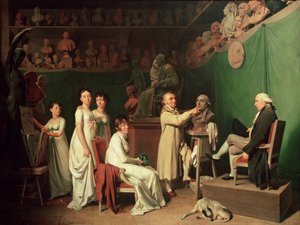 Jean Antoine Houdon (1741-1828) Skulpterer Pierre Simons buste (1749-1827) Marquis de Laplace i nærværelse af hans kone og døtre, 1804 af Louis Leopold Boilly