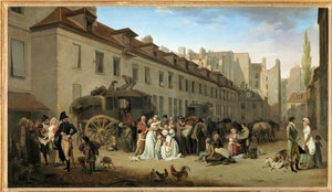 Ankomsten af en bus i gården til Messageries, rue Notre-Dame-des-Victoires, i Paris ... af Louis Leopold Boilly