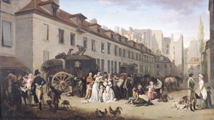 Ankomsten af ​​en diligence ved endestationen, rue Notre-Dame-des-Victoires, Paris af Louis Leopold Boilly