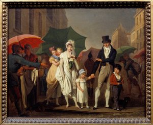 Bourgeois-bruserne på Parisisk Premier Empire-mode beskytter sig selv mod regnen. Maleri af Louis leopold Boilly (1761-1845) 1800-tallet søn. 0,32x0,4 m - Regnen. Parisere borgerlige klædt i First Empire mode beskytter sig selv fr af Louis Leopold Boilly