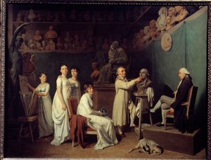 Billedhugger Jean Baptiste Houdons værksted (1741-1828). Billedhuggerens model var matematikeren Pierre-Simon Laplace (1749-1827) Marquis de Laplace i nærværelse af hans kone og døtre. Maleri af Louis Leopold Boilly (1761-1845) 1804 Paris, De af Louis Leopold Boilly