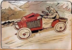 Automobil: en racerbil. Marcel Renault (1872-1903) og Rene Vauthier krydser Alperne under løbet PARIS-VIENNA i 1902 i bil 147. Litografi af Louis Lucien Faure Dujarric (1872-?), 20. århundrede. Conservatoire national des Arts et Metiers, Paris af Louis Lucien Faure Dujarric