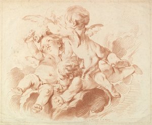 LAir The Air: A Group of Three Putti on Clouds, 1700-tallet. af Louis Marin Bonnet