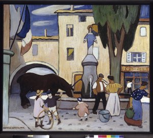Trets-fontænen med en sort hest Maleri af Louis-Mathieu Verdilhan (1875-1928) 20. århundrede Obligatorisk omtale: Samlingsstiftelsens hilsener fra Provence, Marseille