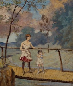 To piger på en bjælkebro af Louis Michel Eilshemius