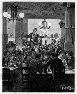 I midten, på et bord, fører Desroches charivarien. Scene i en parisisk cafe: folk synger, drikker, ryger, chatter og flirter rundt om borde. I "" Trento ans de Paris"" selvbiografisk samling af Alphonse Daudet (1840-1897). Gravering efter Montegut