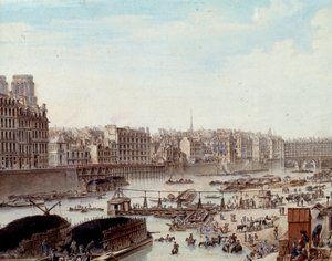 Maritimt liv på havnen i Paris i 1782 Peniches og kommercielle aktiviteter på Seinen. Detalje. Tegning af Louis de Lespinasse (1734-1808) 1782. Paris, Musee Carnavalet