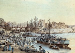 Forsendelse Skibslastede passagerer ankommer til kajen. Tegning af Louis de Lespinasse (1734-1808) 1782. Paris, Musee Carnavalet
