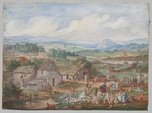 En festpicnic nær en landsby af Louis Nicolas van Blarenberghe