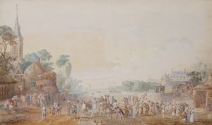 Hertugen af Penthievre med Benjamin Franklin på sin højre side, der deltager i en gennemgang af hans frivillige regiment ved siden af hans slot ved Rambouillet af Louis Nicolas van Blarenberghe