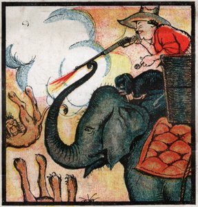 Nestor Fenleroc, europæisk bosætter dræber løver ved at skyde på en elefant i Afrika. 1923 (gravering)