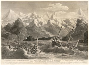 1786-gravering af et skibsvrag af to små både, der var en del af La Perouse-ekspeditionen af Louis Philippe Crepin