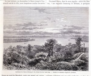 Sammenløbet af Mekong-floden og Lake Touli Channel - slap. Tegning af Sabatier ifølge hr. Mouhot. “Tour du monde”