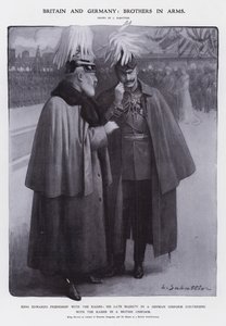 Kong Edward VII klædt ud som oberst af de preussiske dragoner og kejser Wilhelm II klædt ud som britisk feltmarskal (litho) af Louis Remy Sabattier
