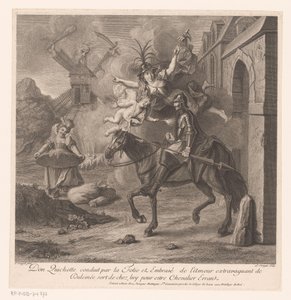 Don Quijote, ledsaget af Dårskaben, forlader sit hus for at blive en ridder-vildfaren Don Quixote kanal par la Folie et embrasé de l
