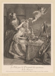 Hofdame hjælper gammel dame med at camouflere tegn på ældning La Folie pare la Décrépitude des adjustments de la Jeunesse (titel på objekt)