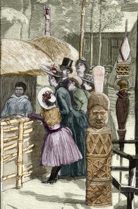 Verdensudstilling 1889 - Canaque-landsbyen ved Esplanade des Invalides (Canaques udstillet under udstillingen: Human Zoo) - Tegning af Louis Tinayre (1861-1942) - i "" Le Monde Illustré""" af 22/07/1889.
