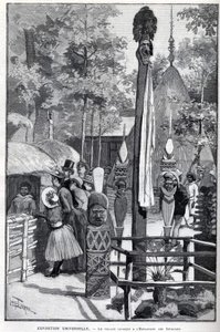 Exposition Universelle 1889 - Canaque-landsbyen ved Esplanade des Invalides (kanakerne udstillet under udstillingen: Zoo Humane). Tegning af Louis Tinayre (1861-1942) - i "" The Illustrous World"" af 22/07/1889. af Louis Tinayre