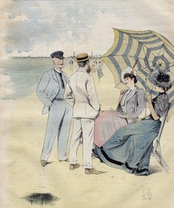 Havbade: på stranden. fra L. Vallet Akvarel. 1892.
