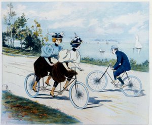 Søndags gåtur. Cykeltur: en mand på cykel ser på to kvinder på en tandem. Tegning af Louis Vallet (1856 -?)