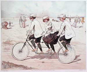 Tandem, tre personer cykler på stranden - tegning af L. Vallet