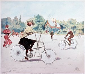 Kvinde på cykel - tegning af L. Vallet