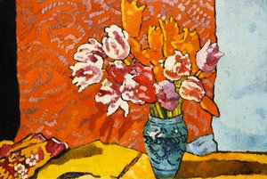 Blå Vase, Tulipaner og Draperier; Blå Vase, Tulipaner og Draperi af Louis Valtat