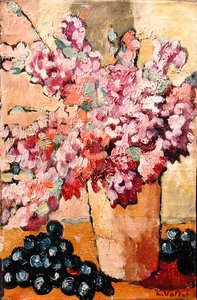 Stilleben med blomster og sorte druer af Louis Valtat