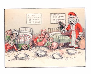 Et victoriansk lykønskningskort med killinger, der kryber sammen i frygt ved synet af en kat klædt ud som julemanden, ca. 1880 af Louis Wain