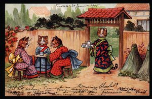 Dyr i menneskelig stilling. Kat i kimono drikker te i en japansk have. Postkort. Kromolitografi af Louis Wain (1860-1939), en engelsk kunstner kendt for sin skildring af katte med store øjne. Begyndelsen af ​​det 20. århundrede. Indsamling pr af Louis Wain