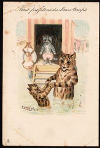 Vi udnytter det gode vejr. Dyr i menneskelig stilling. Kattehavbad på ferie. Postkort. Kromolitografi af Louis Wain (1860-1939), en engelsk kunstner kendt for sin skildring af katte med store øjne. Begyndelsen af ​​det 20. århundrede. Krave af Louis Wain