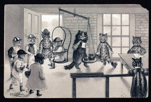 Vi udnytter det gode vejr. Dyr i menneskelig stilling. Kattejockey bliver vejet på en vægt. Postkort. Kromolitografi af Louis Wain (1860-1939), en engelsk kunstner kendt for sin skildring af katte med store øjne. Begyndelsen af ​​20 af Louis Wain