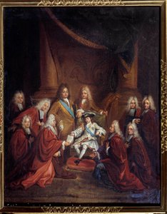 Kong Ludvig XV (1710-1774) barn, der giver adelsbreve til byens organ i 1716 Maleri af Louis Boullogne Jeune (1654-1733) 1716 Søn. 0,66x0,55 m Paris, Musee Carnavalet