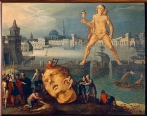 Verdens syv vidundere: "" The Colossus of Rhodes"" (Colosso di Rodi) Maleri af Louis de Caullery (kendt som Mesteren af Book of Skitser af Leningrad) (ca. 1580- efter 1621) 1600-tallets søn. 0,35x0,46 m