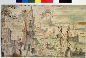 ""Udsigt over en havn"" Hollandsk havn. Akvarel og pen af ​​Louis de Caury (kendt som Mesteren af ​​Bogen af ​​Skitser af Leningrad) (ca. 1580- efter 1621) Pushkin-museet fra det 17. århundrede, Moskva, Rusland