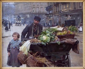 De fire årstiders købmand i Paris. Bag ham, Hotel du Louvre (1. arrondissement) Maleri af Louis Marie de Schryver (1862-1942), olie på lærred
