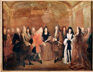 Kongen af Frankrig Ludvig XIV modtager prins Frederik Augustus I på slottet Fontainebleau (Maleri af Louis de Silvestre