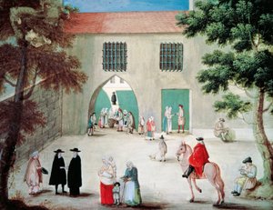 Hjælper fattige foran klosteret Port-Royal des Champes, af Louise-Magdeleine Hortemels (1688-1767), gouache, Frankrig