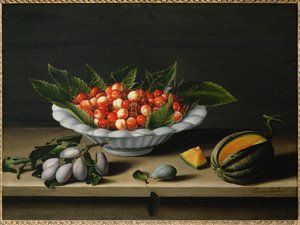En kop med kirsebær, blommer og melon ... af Louise (circle of) Moillon